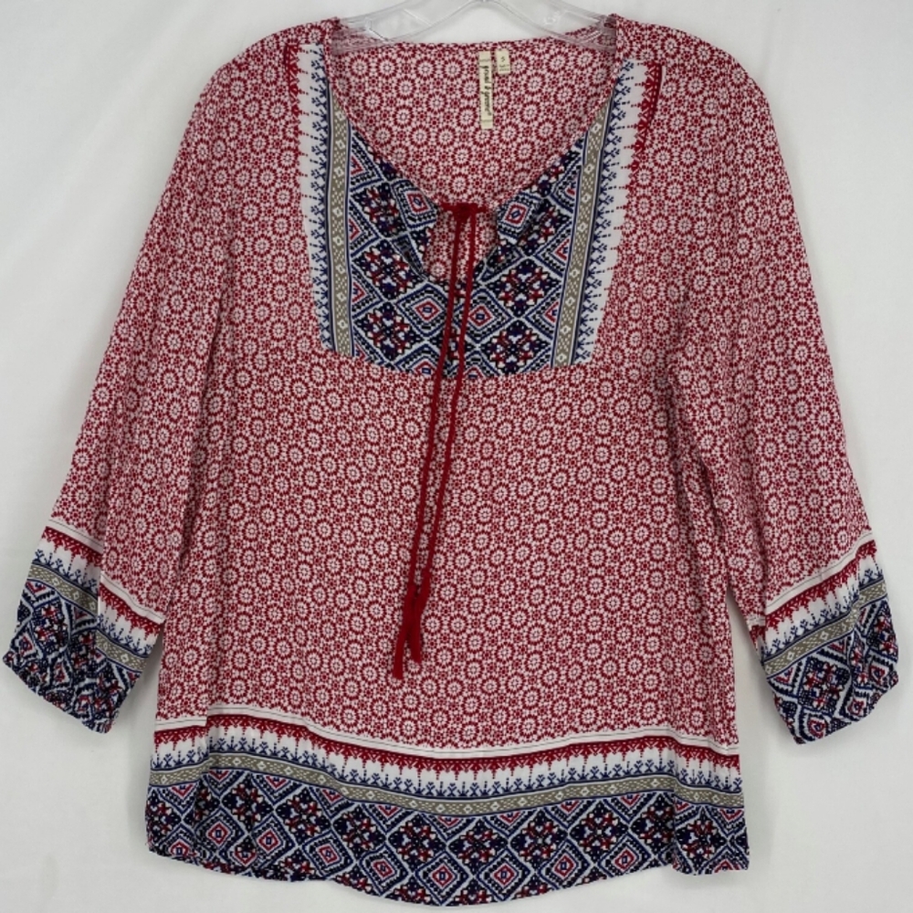 Grand & Greene Boho Peasant Blouse Geometric Patterned Blouse